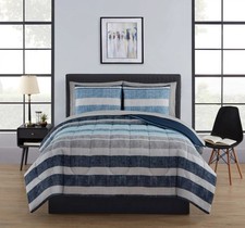 Blue Stripe 7 Piece Bed in a Bag Comforter Set with Sheets Queen Home Bedding US