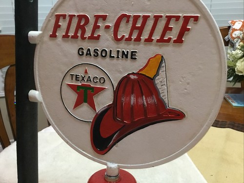 Gusseisen TEXACO FIRE CHIEF BENZIN Wandhalterung zweiseitiges Schild mit GLOCKE 10x14" - Bild 2 von 7