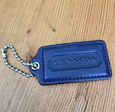 Coach Leather Logo Hang Tag Dark Purple Blue Nickel Bag Charm Fob Keychain 2.5"