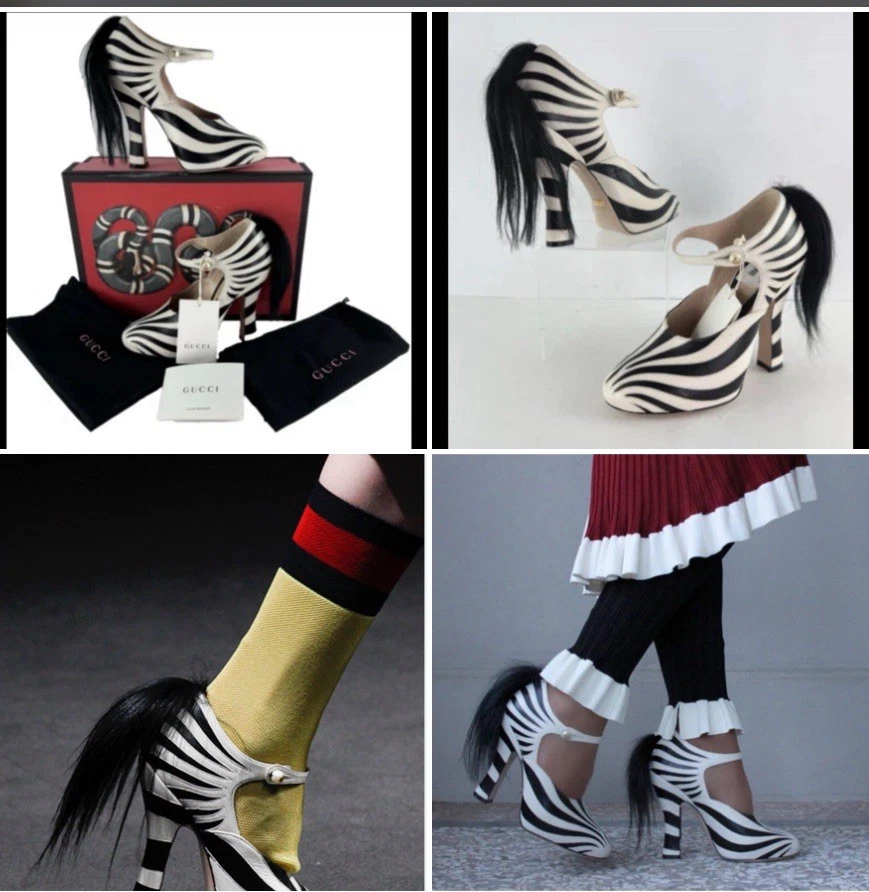 Sac à chaussures escarpins Mary Jane Zebra fourrure cuir noir authentique 7 US 37 EU 1 Gucci neuf dans sa boîte