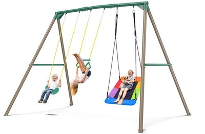 Hapfan 700lbs 9.5FT Heavy Duty Metal Swing Sets with 2 Belt Swings & Trapeze Bar