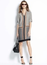 ANN TAYLOR Petite Retro Print Sheath Dress Mod Tunic Brown Black White Collar