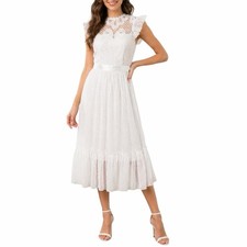 Simplee Contrast Lace Ruffle Hem Belted Dobby Mesh Dress Size Large White Lined