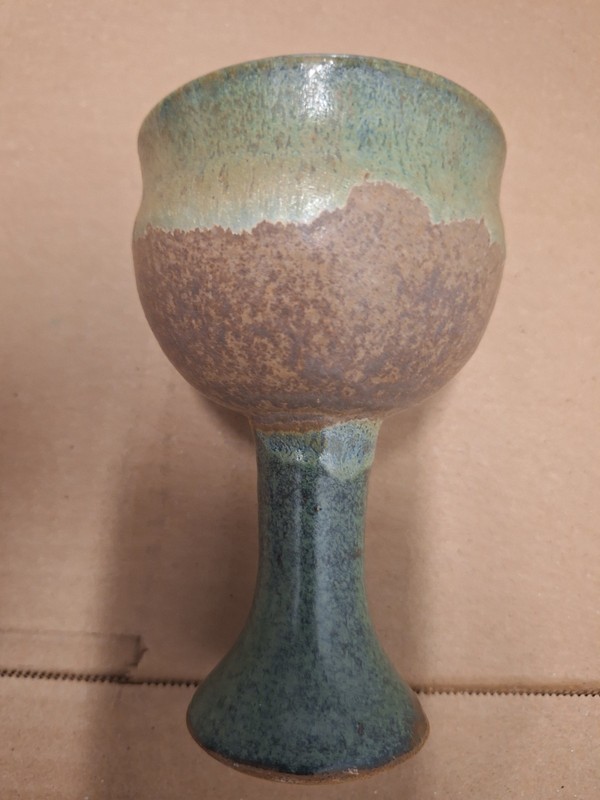 Vintage light green & brown Goblet: ceramic, 4" diameter top, 6" tall, excellent