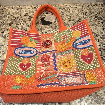 AMERICA AND BEYOND BEADED BOXY AQUATIC INSPIRED TOTE BAG    CORAL MULTI      NWT