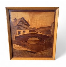 Vintage Marquetry Wooden Picture Cottage & Bridge River Scene 