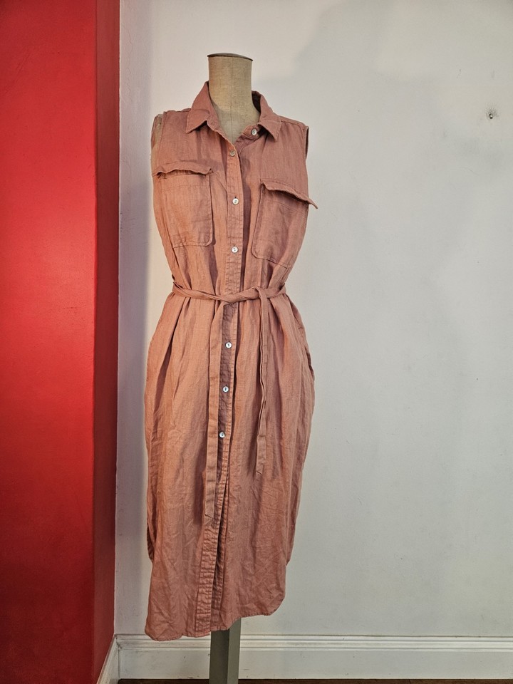 Linen Shirt Dress & Tie Rosewood Size 12-14 Fits M/L (#751)