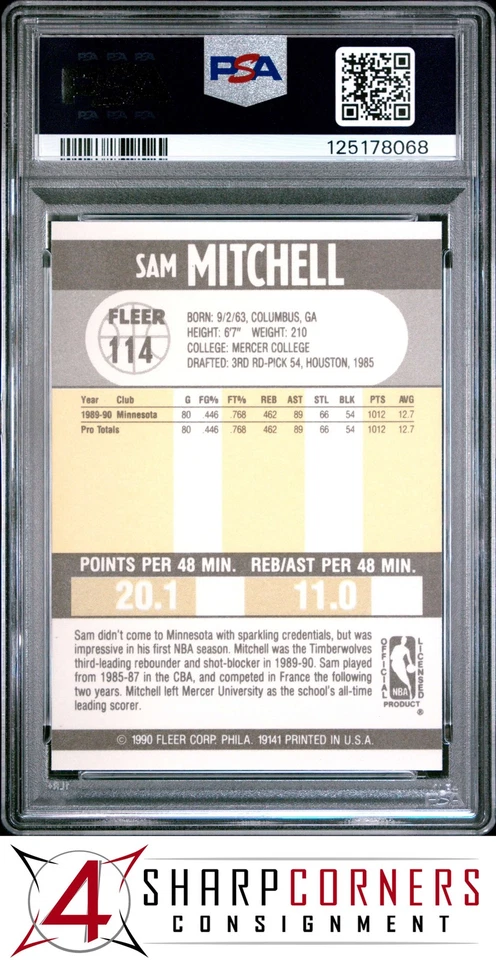 1990 FLEER #114 SAM MITCHELL RC TIMBERWOLVES PSA 10 - Image 2 of 3