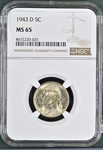1943-D Jefferson nickel graded by NGC MS65