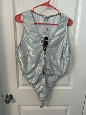 Fashion Nova What A Vision Holographic Body Suit Silver Size 1X NEW WITH TAGS