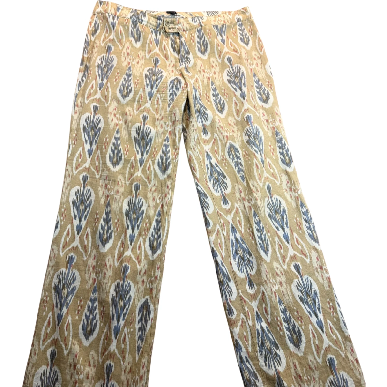 Blue Saks Fifth Avenue Women's 12 Ethnic Leaf Pattern Wide Leg Pants Linen Blend