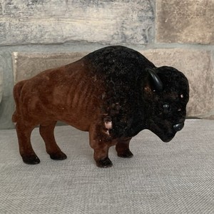 Vintage Furry Bison Figurine Plastic Fuzzy Buffalo Western Decor Toy