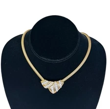 Vintage Crown Trifari Gold Tone Clear Rhinestone Chain Choker Necklace