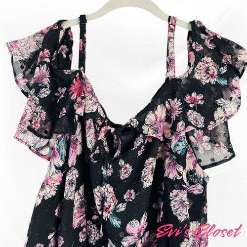 Torrid Black Pink Floral Chiffon Sz 2 18/20 Cold Shoulder Short Sleeve Top - 第 6/9 張圖片