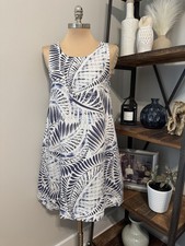 Tahari White and Blue Sleeveless 100% Linen Dress with Tropical Print Size MED