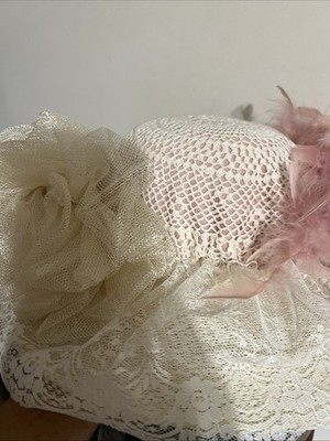 Vintage Elsie Massey Pink Feather Floral Straw Derby Church  display picture 1