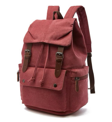 Red Canvas Hiking Backpack with Buckle, Drawstring, Zip Closures and 4 Pockets