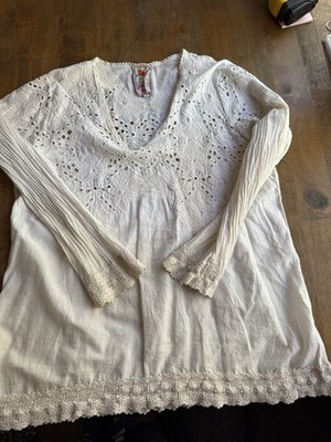 Johnny Was Ivory Cotton Lace Embroidered V-Neck Long Sleeve Blouse L
