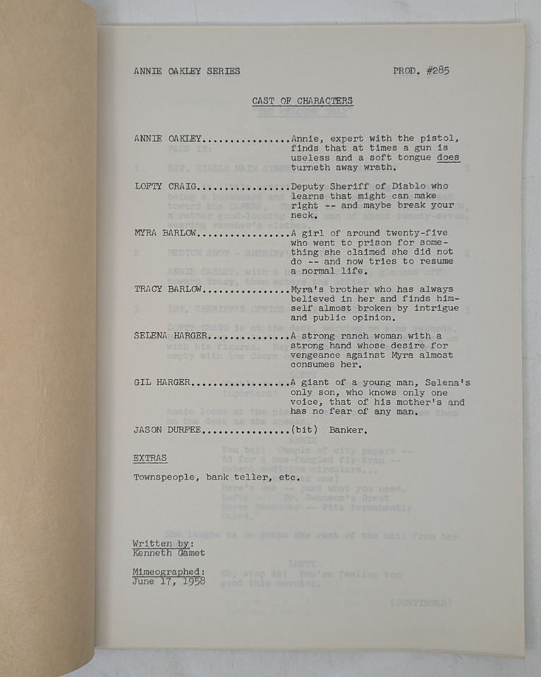 Television Production Scripts 1958 Annie Oakley The Welcome Trap Original TV Production Script #285 ...
