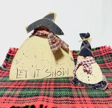 Handmade Wood Snowmen Primitive Folk Art Pair-Plaid Red Scarves-2 In Lot