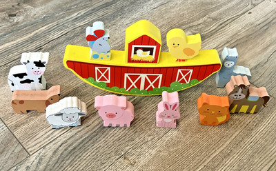 Wooden Farm Animal Balancing Toy Red Barn Cow Pig Horse Sheep Rabbit Duck Mouse