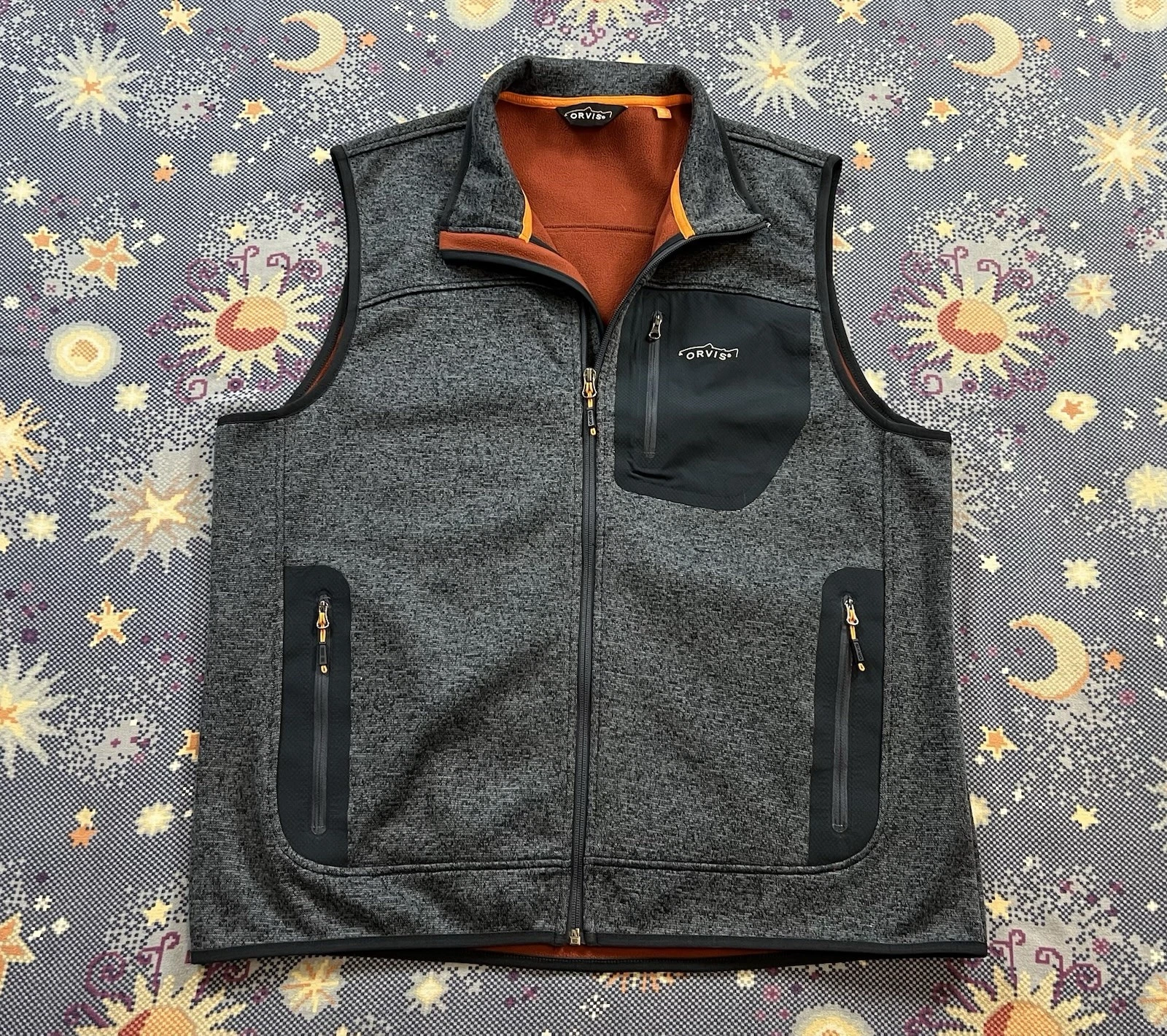 Orvis Vest Mens Large Blue Knit Fleece Lined Full Zip Hiking Fishing