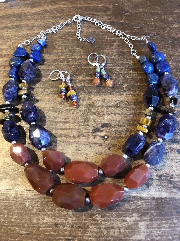 COLLAR BARSE DOS 2 HILOS AZUL LAPISLÁZULI/CARNELIA MULTI PIEDRAS PRECIOSAS Sunup Sundown