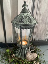 SHABBY CHIC IMPONENTE LANTERNA METALLO SU PIEDE VERDE GRIGIO 43 CM NUOVA