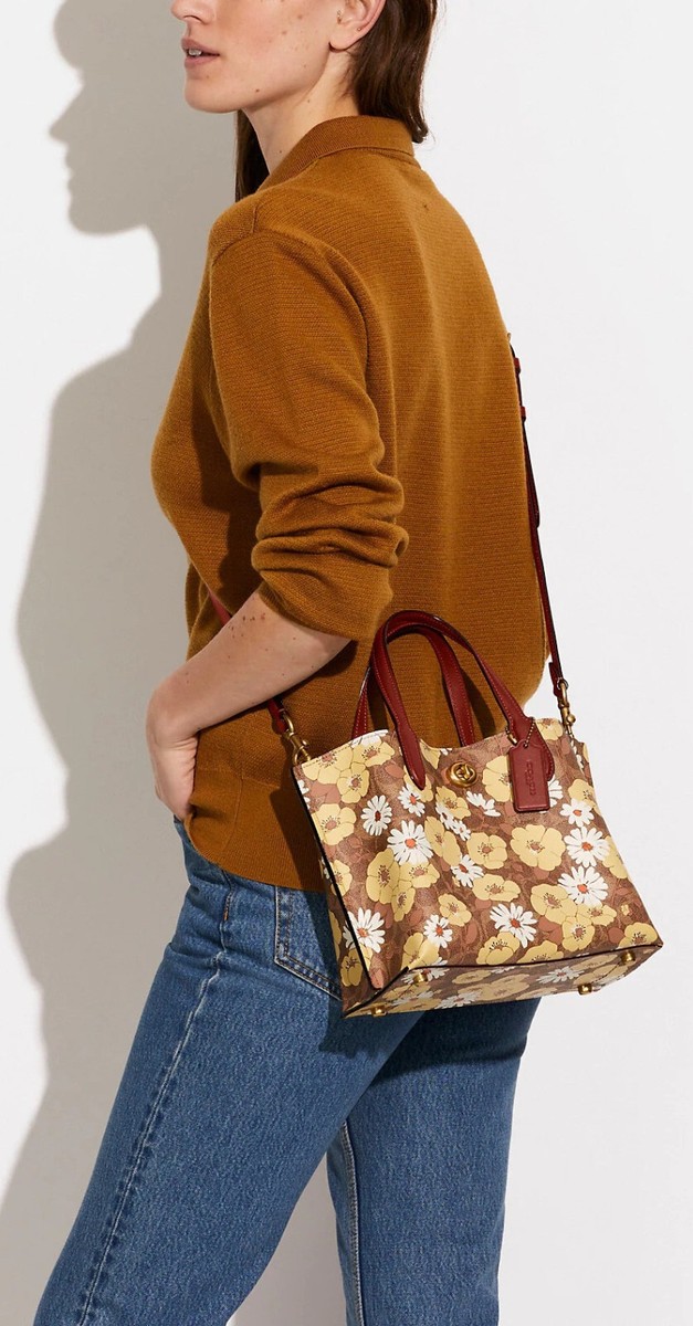 New COACH Signature White Yellow Floral Satche Tote Crossbody Bag
