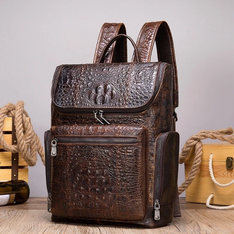 Men's Crocodile Patterned Leather Backpack Fashionable Trendy Travel Backpack