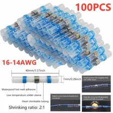 100PC 16-14Ga AWG Electrical Solder Seal Heat Shrink Butt Connectors Solder Blue