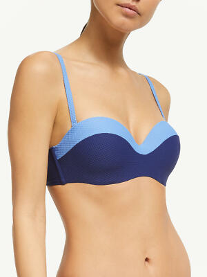 John Lewis Paradise Lost Colour Block Bandeau Bikini Top, Navy/Blue   Size 8