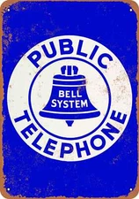 METAL SIGN - Bell System Public Telephone Blue White -- Vintage Look