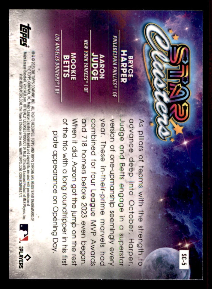 2023 Topps Cosmic Chrome #SC5 Mookie Betts/Bryce Harper/Aaron Judge - Image 2 of 2