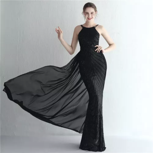Elegant Gold Sequins Dress Evening Party Women Long Formal Evening Prom Dresses - Picture 5 of 30