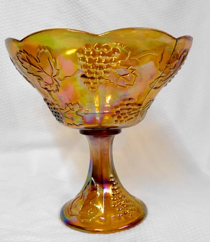 Vtg Amber Carnival Glass 8.5" Tall Pedestal Compote Fruit Bowl Grapes & Leaves