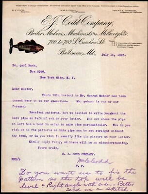 1903 Baltimore Md - E J Codd Co - Boiler Makers Milliorights - Letter Head Bill