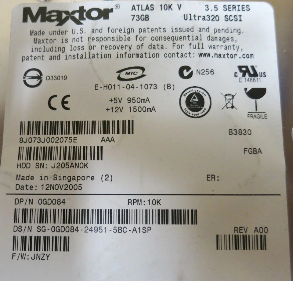 Maxtor 8J073J0 Atlas 10K V 74GB 10000RPM 8MB 3.5" SCSI Ultra320 Internal HDD - Image 4 of 4