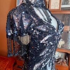 Vintage Sequin Beaded Black Dress sz 4 Fringe Sleeves Choker Necklace Nite Line