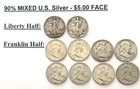 $5.00 Face Value 90% Walking Liberty X2 and Ben Franklin Half Dollars X8, P-D-S.