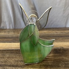 Stained Glass Metal Angel With Raised Wings Figurine Green Iridescent 7"