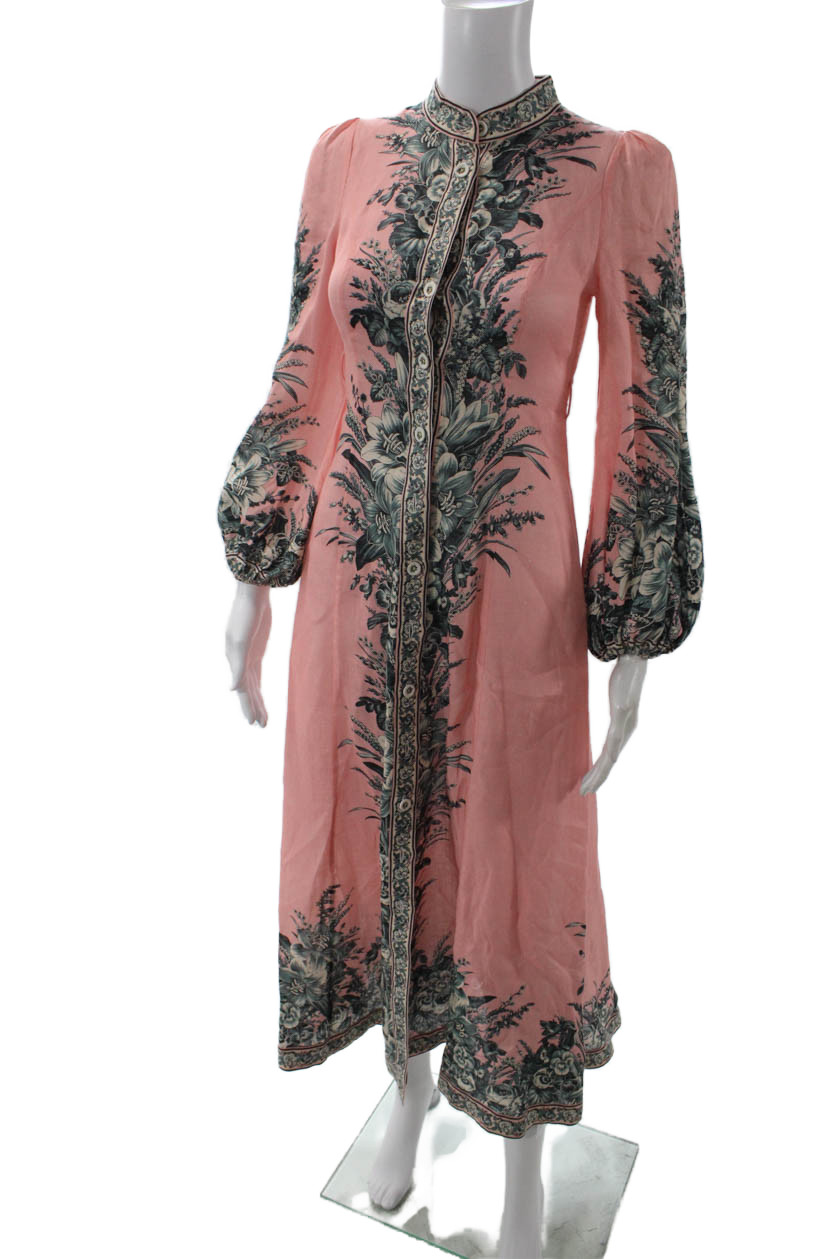 Zimmermann Women Kaftan Maxi Dress Pink Floral Linen Long Sleeve Size 0P