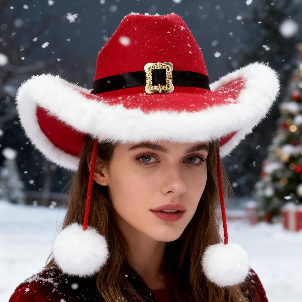 Christmas Hat White Pom-Poms Headwear White Plush Trim Cowboy Hat for Men - Image 4 of 4