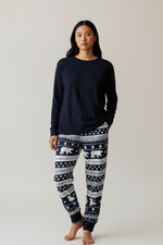 Women's Navy Blue/White Pajama 2 Piece Set-Pants M-Top S-Elastic Waist-Cuff Hem