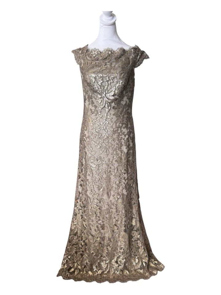 Tadashi Shoji Size 6 Paillette Embroidered Lace Gown Off Shoulder Champagne - Image 2 of 4