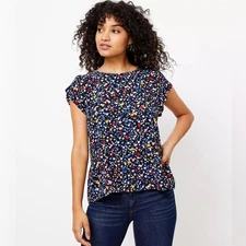 LOFT Multicolor Heart Print Blouse Tulip Short Sleeve Peplum Top - Size L