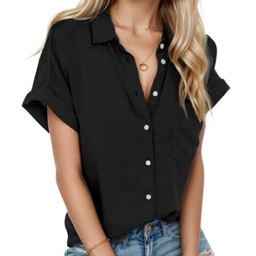 Women Short Sleeve Shirt V Neck Button Down Summer Tops Work Blouses with Pocket - Picture 13 of 16
