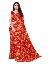 Floral Printed Red Saree Party Wear Indian Pakistani Designer Sari