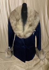 Vintage Dark Blue Satin Blazer And Skirt Set With Fur Details, Lulu Bravo, Size8