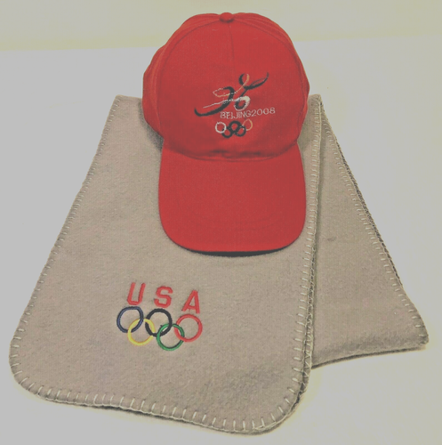 Olympische Spiele USA farbige Ringe grau Fleece Schal 2008 Peking rot Mütze Mütze Papa Riemen - Bild 1 von 4